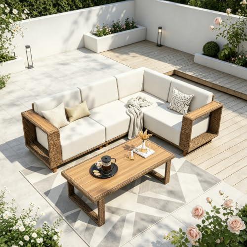 PHI VILLA Rattan Garden Furniture Sets with Thickened 25cm Cushions, 4 Seater L Shaped Outdoor Corner Sofa with Coffee Table, Modular Patio Lounge Set for Backyard, Beige