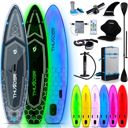 THUNDER PRO LED SUP Board 320 cm mit Kajaksitz – Aufblasbares Stand Up Paddle Board mit RGB LED Beleuchtung, Pumpe, Paddel & Rucksack – SUP Set bis 150 kg (Lumos)