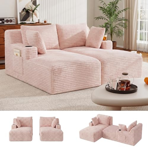 HAUSPROFI Schlafsessel Cord mit Getränkehalter & Seitentaschen, Rosa | Schlafsofa , Boneless Couch, Cord Couch mit Schlaffunktion, Bodensofa mit Chaiselongue für Wohnzimmer, 183 * 160 * 84