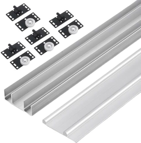 Rail Porte Coulissante Double,Kit Porte Coulissante Rail Double,Kit Porte Coulissante,Rail pour Porte coulissante Placard,pour Portes de Placards et de Salle de Bain,Silver-1.3m