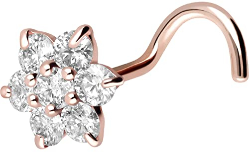 PIERCINGLINE 750er GOLD Nasenpiercing Spirale 18 KARAT BLUME mit KRISTALL Piercing Nase Stecker Roségold