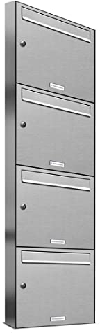 AL Briefkastensysteme 4er Briefkastenanlage aus V2A Edelstahl, Premium Briefkasten DIN A4, 4 Fach Postkasten modern Aufputz