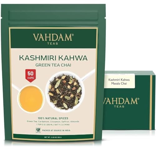 VAHDAM Kashmiri Kahwa Tea, 100g (50 Cups), Indian Masala Chai | Green Tea, Cinnamon, Cardamom, Almond, Saffron Spiced Chai