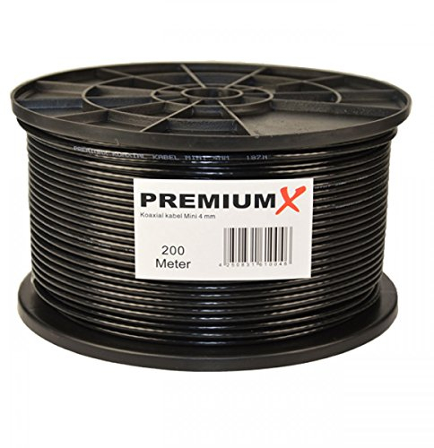 PremiumX cavo satellitare mini coassiale da 200m in nero - Extra sottile con Ø di 4mm - Doppia schermatura per sat | cavo | DVB-T - Supporta Ultra HD 4K e 3D