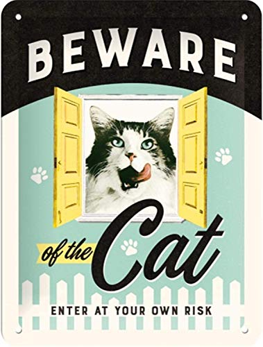 Nostalgic-Art Retro Blechschild, Beware of the Cat – Geschenk-Idee für Katzen-Besitzer, aus Metall, Vintage-Design zur Dekoration, 15 x 20 cm