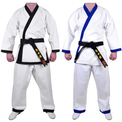 MAR | White Karate Gi, Karate Trousers | Men & Women; Kids & Adult Sizes | Traditional Uniform Blue Trims, 8oz Fabric Suit, Kids Karate Suit + FREE Karate Belt