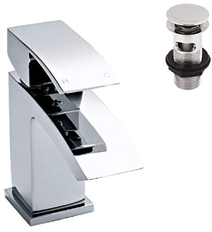 nuie TSI315 Vibe | Modern Cloakroom Bathroom Square Lever Handle Mini Mono Basin Mixer Tap with Free Push Button Waste, 48 x 137 x 131mm, Chrome