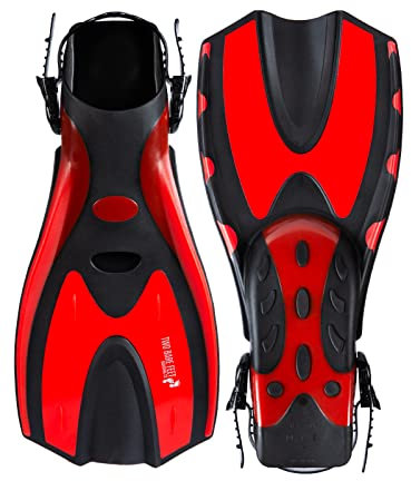 Two Bare Feet Adjustable Diving Fins – Swim, Snorkel & Scuba Fins for Adults – Full Foot Flippers with Easy Strap – Ideal for Holidays, Pool, Sea & Water Sports (F70 Red, L / XL (UK 9 - 13))