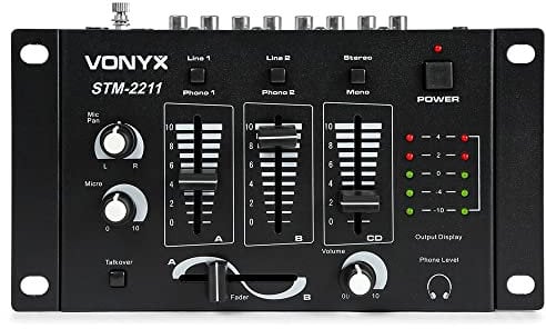 Vonyx STM-2211 4-Channel DJ Mixer with Crossfader, Compact Rack-Mountable Mixing Desk, Switchable Microphone & Line Source Inputs, Talkover Function for Karaoke & PA Applications