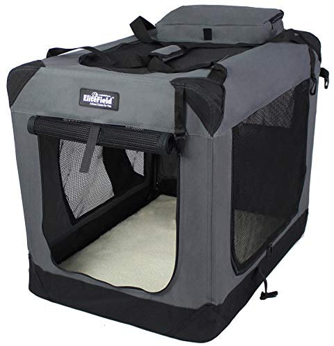 EliteField 3-Door Folding Soft Dog Crate with Carrying Bag and Fleece Bed (2 Year Warranty), Indoor & Outdoor Pet Home (42 L x 28 W x 32 H, Gray)