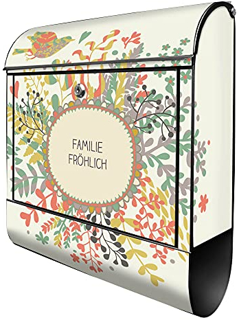 banjado® Design Briefkasten personalisiert WT Frühling 38,5x46,5x13cm & 2 Schlüssel - Briefkasten Stahl schwarz Zeitungsfach pulverbeschichtet - Postkasten A4 Einwurf inkl. Montagematerial