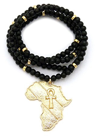 Fashion 21 Egyptian Ankh Cross in Africa Map Pendant 6mm 30 Wooden Bead Necklace Gold Black Tone (Metal Joint Wooden 6mm 30)