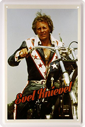 WOGEKA ART Retro Blechschild - Evel Knievel Legendary Motorcycle Stuntman Bike - witziger Spruch Geschenk-Idee Geburtstag Weihnachten Dekoration 20x30 cm Vintage-Design Metall 1474