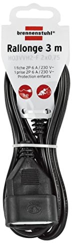 Brennenstuhl 1161791, Alargadera de cable eléctrico 3 m, H03VVH2-F 2 x 0,75, color negro