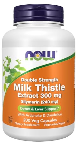 NOW Foods Supplements, Silymarin Milk Thistle Extract 300 mg with Artichoke and Dandelion, Double Strength, Supports Liver Function*, 200 Veg Capsules