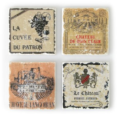 4 Stück Shabby Vintage Glasuntersetzer aus Marmor FRANZÖSISCHE WEINE B Untersetzer Antik Landhaus Frankreich