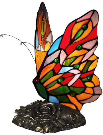 ADM - 'Schmetterling' - Nachttischlampe mit geschweißtem Glasschirm, Tiffany-Verarbeitung und mit bronziertem Harzfuß - Mehrfarbig - H23 cm