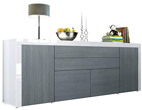 Vladon Buffet La Paz V2, Commode avec 2 Portes, 2 tiroirs, et 2 clapets, Blanc Haute Brillance/avola-Anthracite/Blanc Haute Brillance (200 x 72 x 35 cm)