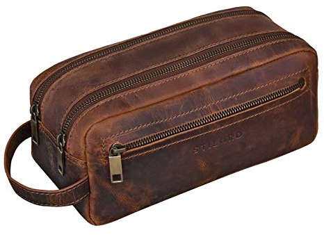 STILORD Kurt Kulturtasche Kulturbeutel groß mit Henkel Reise Waschtasche mit Fächern Vintage echtes Leder braun