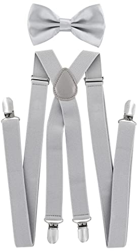 axy® Herren Hosenträger mit Fliege - 4 Starken Clips X-Form (Lichtgrau (Hosenträger Breit 2,5cm))