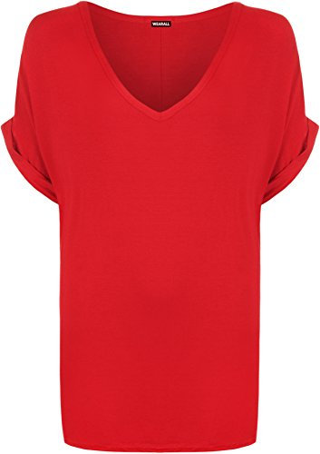 WearAll Women's New Plus Size Womens Short Turn Up Sleeve Baggy Plain Top Ladies V-Neck T-Shirt - Red - 20-22
