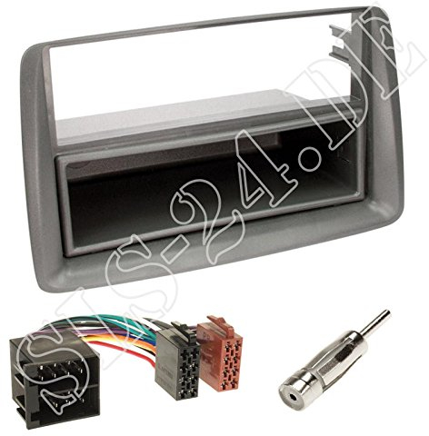 Einbauset : Autoradio Doppel-DIN 2-DIN Radioblende Radio Blende Halterung mit Ablagefach grau + ISO Radioanschlusskabel/Radio Adapter + Antennenadapter für FIAT Panda (169) 10/2003-2012
