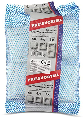 REV PrimaLuxe Lichtschalter, 4x Aus-/Wechselschalter im Set mit 4x 1-fach und 1x 2-fach Rahmen, weiss