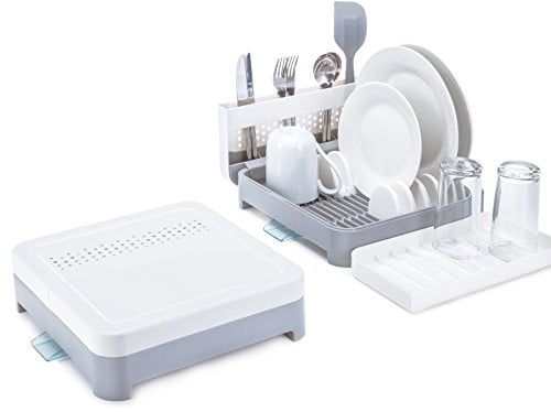 Minky Foldaway Dish Rack, Dish Drainer Rack With Drainage Spout, Removable Plate Racks & Cutlery Holder, Space-Saving & Durable Dish Rack