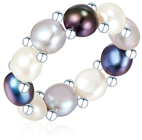 Valero Pearls Damen Perlenring mit Süßwasser-Zuchtperlen 6-7 mm weiß hellgrau pfauenblau