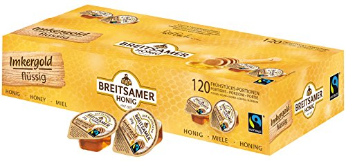 Breitsamer FairTrade Portionen flüssig 120x20g – Aromatischer flüssiger Blütenhonig in praktischen Portionen, ideal für Großverbraucher, Hotels und Gastronomie (insg. 2,4kg)