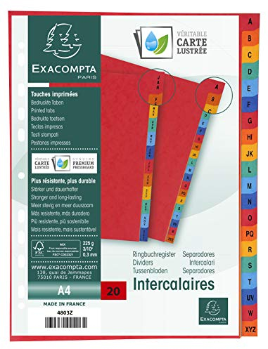 Exacompta 4803Z Premium-Register A-Z für DIN A4 aus starkem Colorspankarton 20-teilig volle Höhe 24,5 x 29,7 cm vollfarbig 4 x 5 Farben Trennblätter Trennstreifen