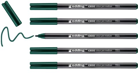 edding 1300 feutre de coloriage fin pointe moyenne - bouteille verte - 5 stylos - pointe ronde 2 mm - pour dessiner et écrire - pour l'école, les mandalas, le doodling, les bullet journals