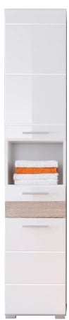 trendteam smart living - Mezzo - Hochschrank - Weiß Hochglanz/Eiche Sägerau - Badregal modern mit 6 Fächern und Einer Schublade - (BxHxT) 37 x 182 x 31 cm - 3 verstellbare Einlegeböden