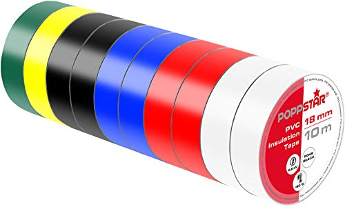 POPPSTAR PVC Isolierband 10m (18mm breit, 0,18mm stark, 2x weiß, rot, blau, schwarz / 1x gelb, grün), 10 Rollen