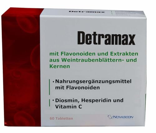 Detramax ventabletter, 60 stycken, även för hemorrojder, 3 extrakt: Flavonoider (diosmin 220 mg, hesperidin 20 mg), vindruvblad 80 mg, druvkärnor 79 mg, för venerna