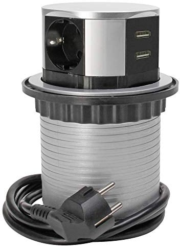 Kopp 6-Fach Steckdosen-Turm mit 3X Steckdose + 2X USB-Port 2100 mA + Berührungsschutz I Steckdosenturm zum Möbeleinbau mit 1,4 m Zuleitung I Für Indoor- / Innen-Bereich I Silber-Schwarz – 229005011
