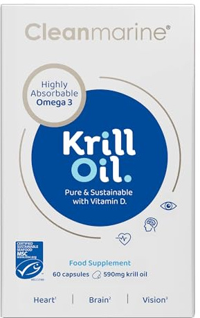 Cleanmarine Krill Oil with Natural Astaxanthin – High Absorption Phospholipid Omega 3 with EPA & DHA – Plus Choline & Vitamin D – Heart, Brain & Eye Support – 60 Capsules