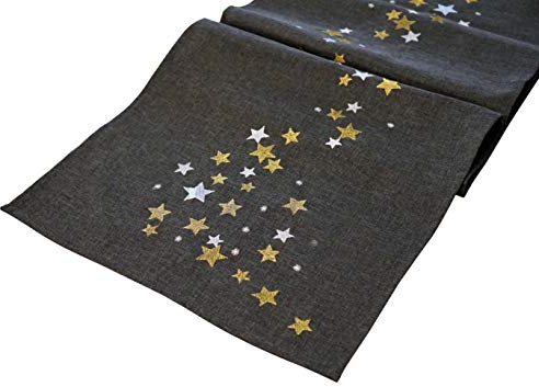 khevga Tischläufer Tischdecke Weihnachten modern in Grau mit Stickerei Gold Silber (Grau_Stern)
