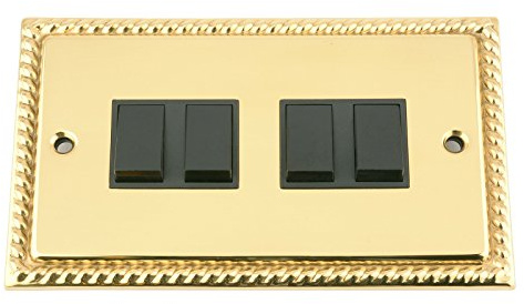 Light Switch 4 Gang - Polished Brass Georgian - Black Insert Plastic Switch - 10 Amp Quad 4 Gang 2 Way