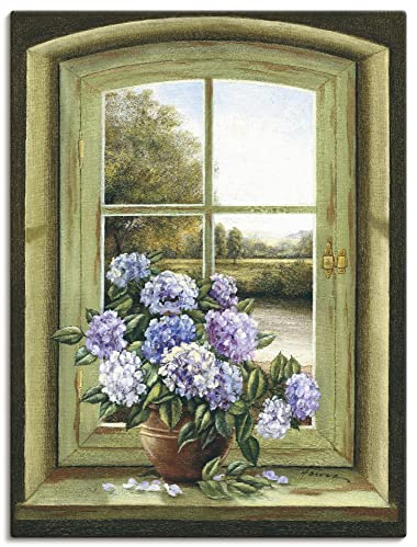 ARTLAND Wanddeko Leinwand Bilder Wandbild 60x80 cm Stillleben Arrangements Botanik Malerei Grün A7BK Hortensien am Fenster
