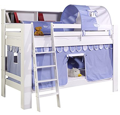 Relita Etagenbett Jan mit Bücherregal, Vorhang und Tunnel Buche massiv, weiß lackiert, Stoff hellblau/weiß