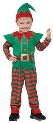 Smiffys Elf Toddler Costume, Red & Green with Jumpsuit & Hat, Christmas Children's Fancy Dress, Elf Dress Up Costumes