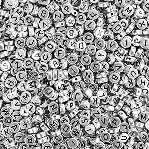 Kurtzy Silber Acryl Runde Alphabet Perlen Set (1000 Pack) A-Z Buchstaben Perlen 6 mm - für die Schmuckherstellung, Armband, Kette mit Buchstabe, Schlüsselanhänger, Schmuck Basteln & Geschenke