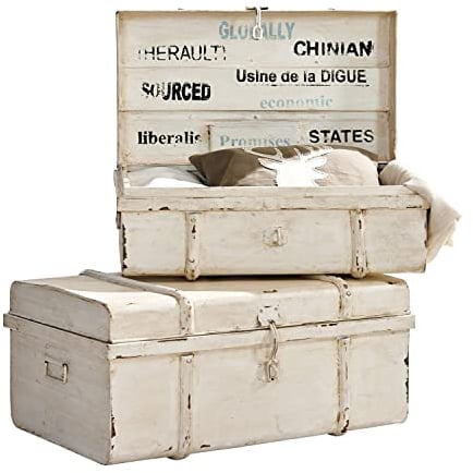 Loberon Truhen 2er Set Riga, im Design antiker Koffer, ineinander stapelbar, mit Antik-Finish, Aufbewahrung, Wohn-Accessoires, Sitzgelegenheit Eisen, antikweiß