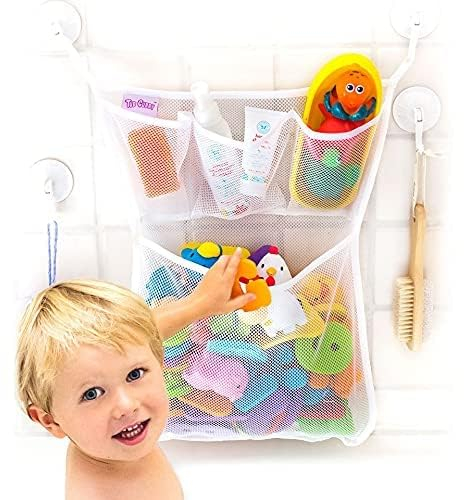 OMZGXGOD Organizador de baño para juguetes de bañera, almacenamiento de juguetes de baño con varios bolsillos, red de juguetes de baño con 4 ganchos autoadhesivos
