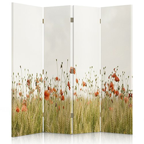Feeby Paravent Mohn Blumen Wiese 145x150 cm 4 Teilig Modern Design beidseitig Raumteiler Wandschirme Foto Trennwand Raumtrenner Sichtschutz Spanische Wand auf Leinwand Bedruckt Natur Grün Rot