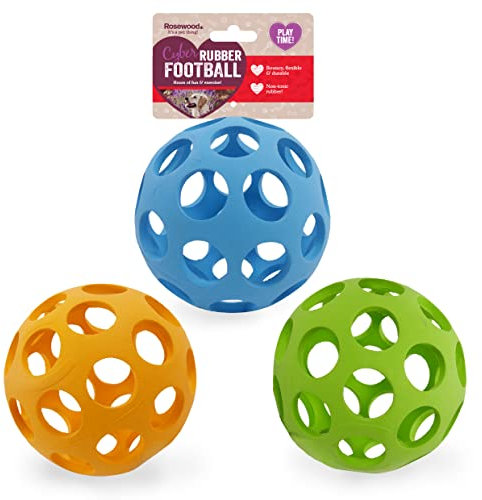 Rosewood Cyber Rubber Lattice Football for Dogs - Tough, Interactive Dog Toy for Chewing, Fetch and Play - Non-Toxic Rubber - Suitable for Adult Dogs and Puppies - Assorted Colours (1pc)