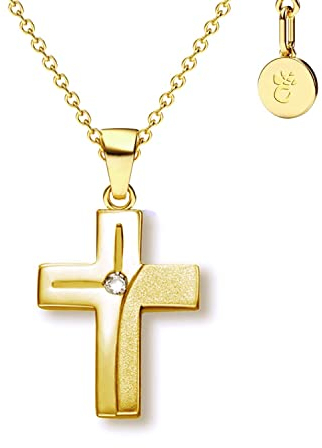Kreuz Kette Mädchen Gelbgold (Silber 925 vergoldet) | Kreuz-Anhänger Halskette mit Zirkonia | Kinder-Schmuck Erst-Kommunion Tauf-Geschenk Konfirmation Firmung Geburt Taufe | Kreuzkette Taufkette