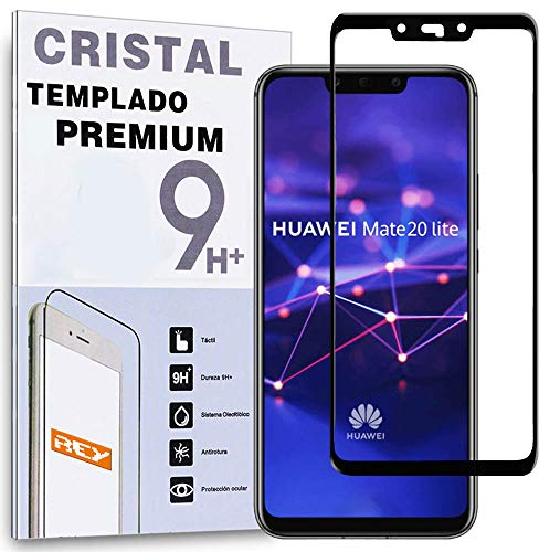 REY Protector de Pantalla Curvo para Huawei Mate 20 Lite, Negro, Cristal Vidrio Templado Premium, 3D / 4D / 5D