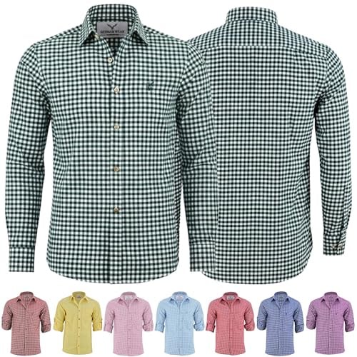 German Wear Trachtenhemden für Herren mit Langen Ärmeln, klassisches Karomuster, hochwertige bayerische Mode mit Hirsch-Stickerei und kardieten Ärmeln Dunkelgrun- Large